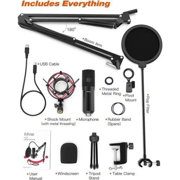 USB Gaming Microphone Set with Flexible Boom Arm Stand Pop Filter, Plug and Play